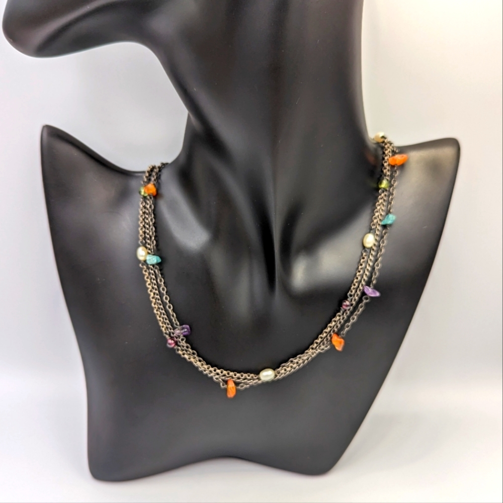 SILPADA 925 STERLING SILVER NECKLACE N1613 TRIPLE STRAND Pearl Multi Gemstones